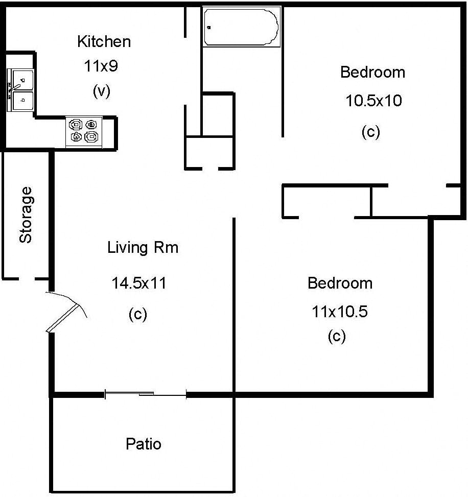 Floor plan for 2 beds, 1 bath, 622 sqft